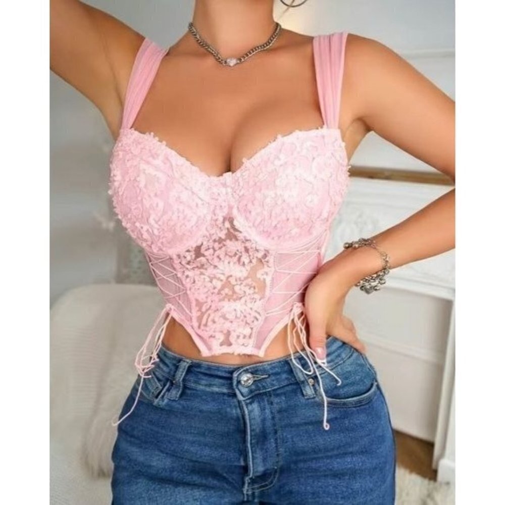 Pink Lace Corset Bustier Top | Floral Mesh | Adjustable Lace-Up Sides